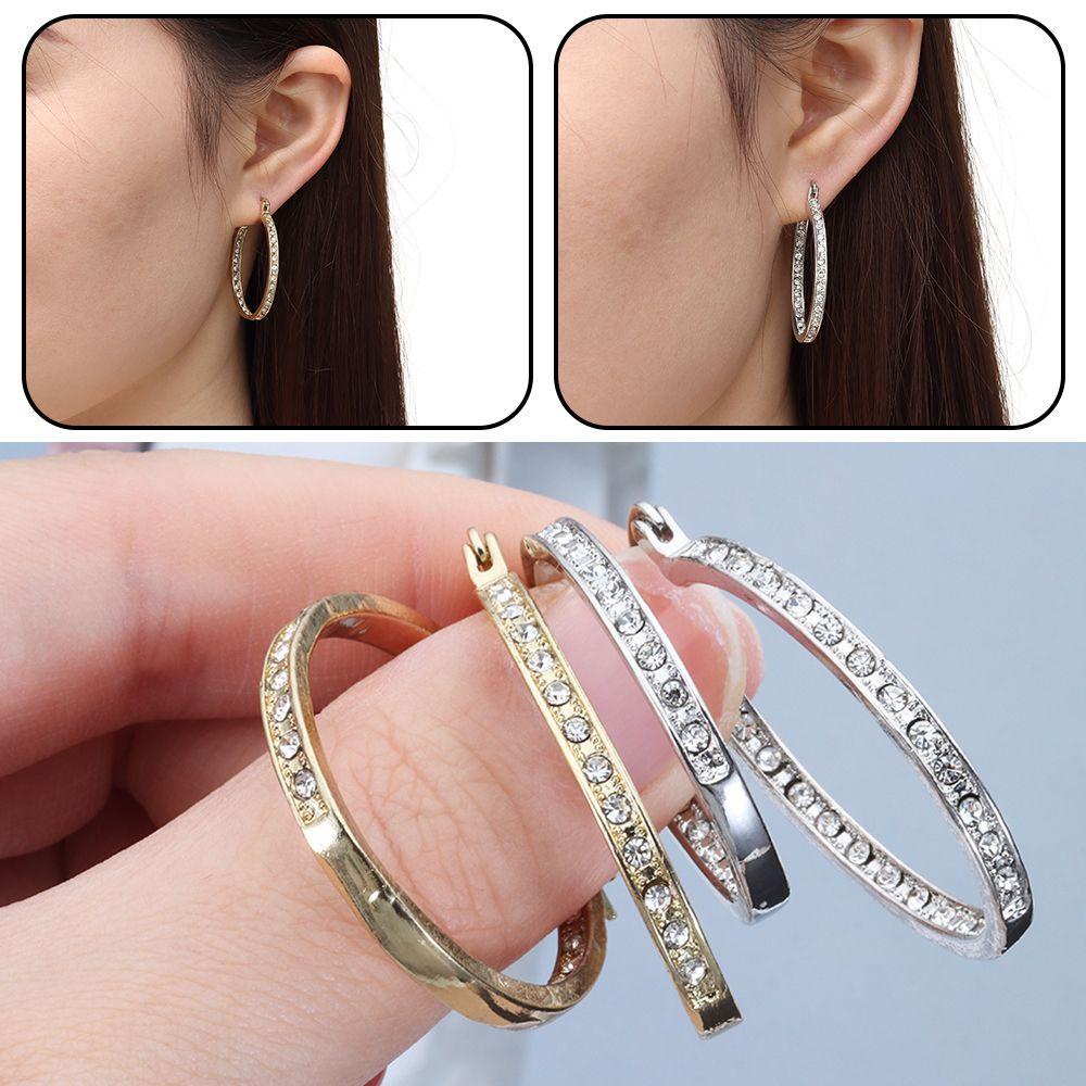 R-flower 1pasang Anting Hoop Hadiah Pesta Gold Silver Mewah Sparkle Drop Juntai