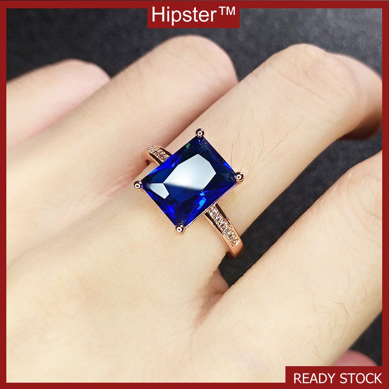 New Simple Fashion Luxury Domineering Inlaid Square Blue Crystal Ring