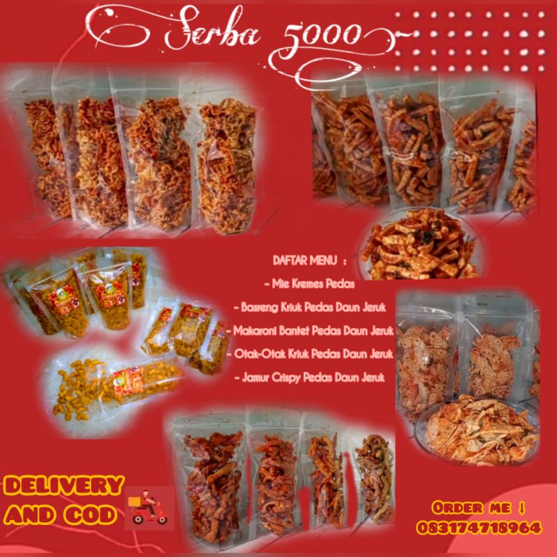 

MIE KREMES, OTAK-OTAK, BASRENG, JAMUR CRISPY & MAKARONI BANTET PEDAS DAUN JERUK (SERBA 5000) JAJANAN MURAH