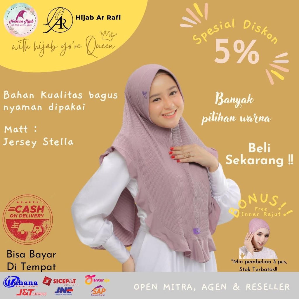 Kerudung Arrafi Original AR 558 Variasi Rampel Depan Model Kain Plisket Matt Jersey Stella