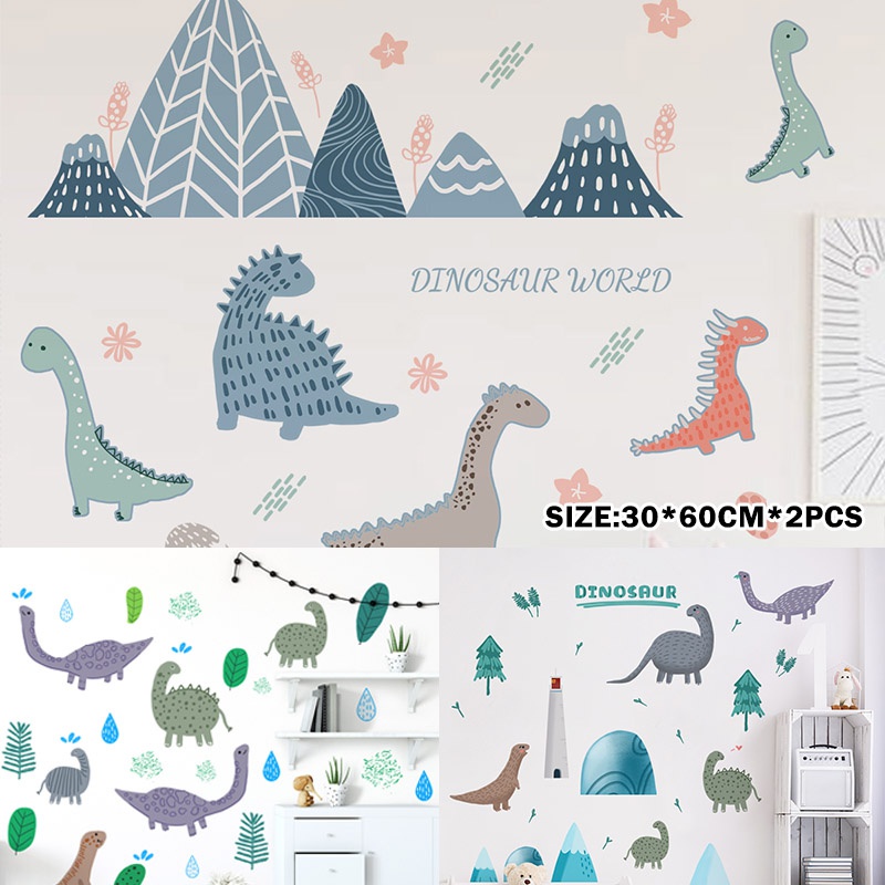 2pcs / set Stiker Dinding Motif Kartun Dinosaurus Dapat Dilepas Untuk Dekorasi Kamar Tidur Anak