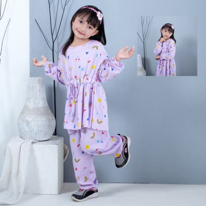 Setelan pajamas motif Setelan baju anak perempuan setelan rayon one set anak setcel rayon anak part