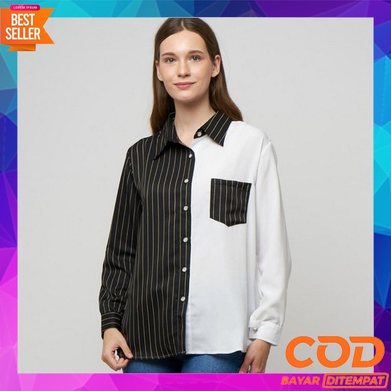 Baju Atasan Pakaian Blose Blouse Polos Depan Leher Vi Motif Bunga Bord Monellina 601120 Kemeja Wanit