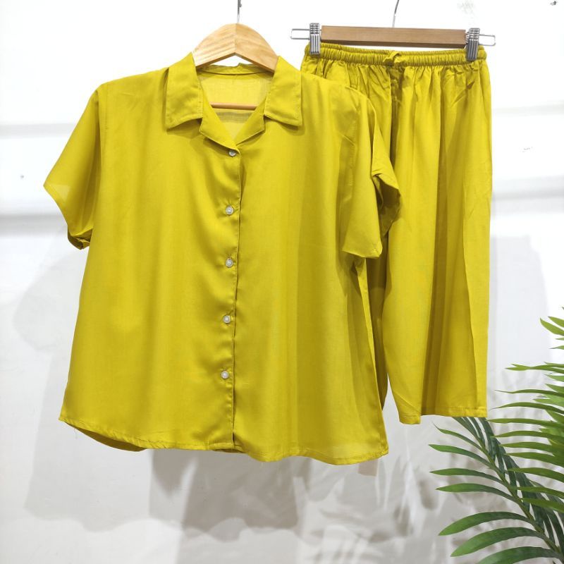 SETELAN POLOS KANCING 7/8 SETELAN BUSUI | HOMEWEAR BUSUI | PIYAMA RAYON | PIYAMA KANCING |  RAYON TWELL-7/8 LEMON