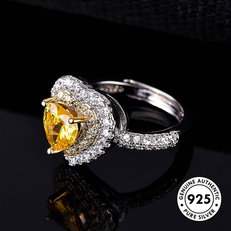 Cincin S925 Silver Bentuk Hati Aksen Berlian Warna Kuning