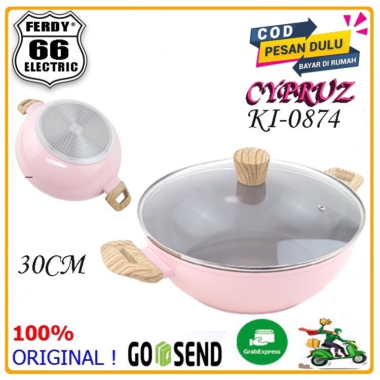 CYPRUZ Wok Pan 30 Cm PiNK Ceramic Wok+Glass Lid ~Wajan 2 Gagang Induksi