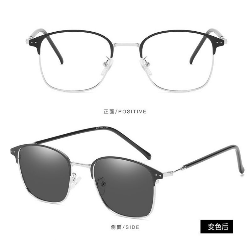 COD - Kacamata Lensa Photocromic Model Kotak Pria Wanita Frame Besi Alloy Photochromic Fotokromik-KT - Hitam-Silver
