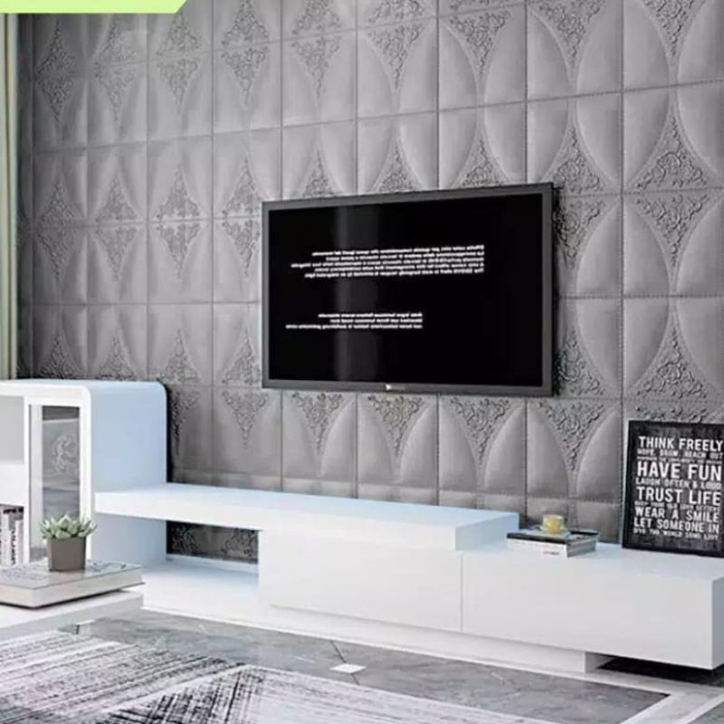 wallpaper foam sticker premium 3D permukaan timbul motif oval batik abu silver