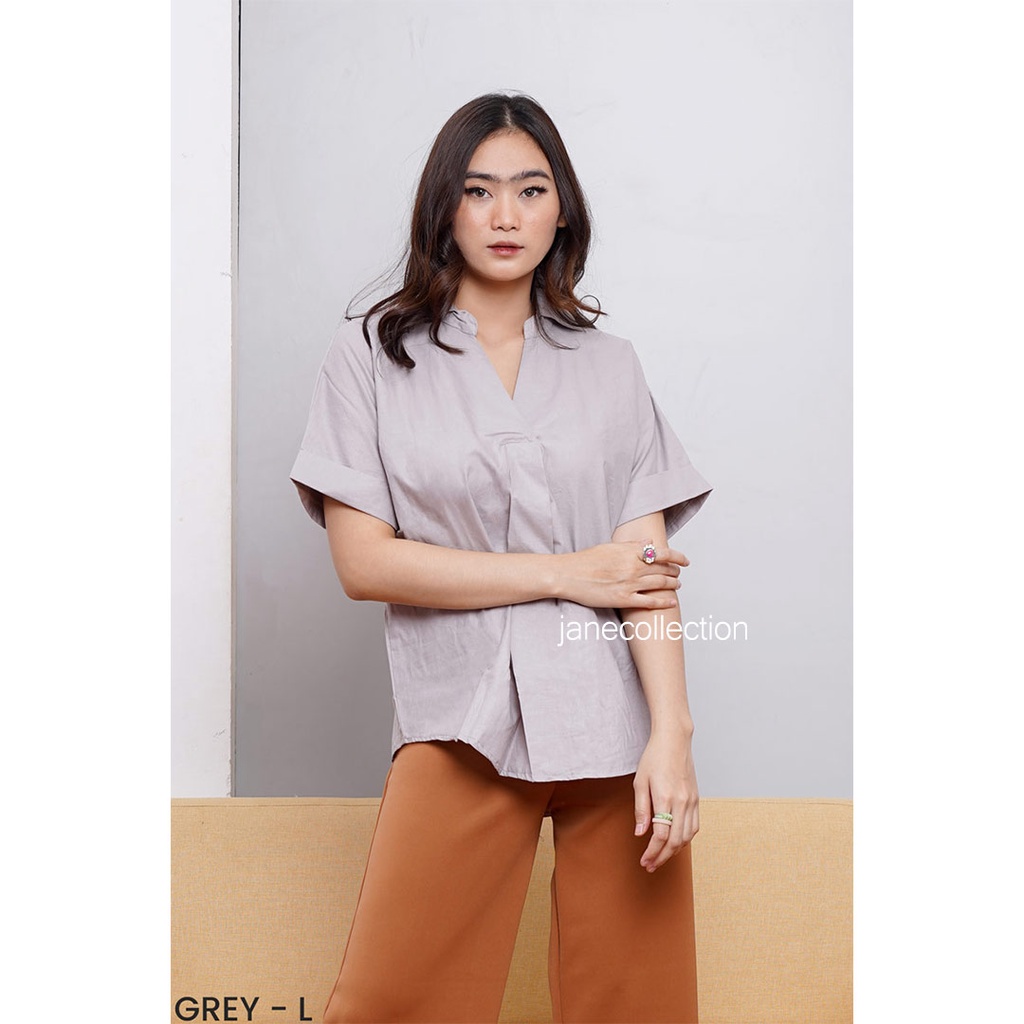 JANE COLLECTION || Kemeja Kerja Wanita Hitam Kemeja Basic Polos Putih Lengan Pendek Katun 100% Oversize XXL - Kemeja Katun Tracy