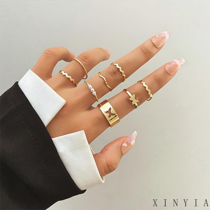 8pcs Cincin Model Terbuka Adjustable Desain Kupu-Kupu Gelombang