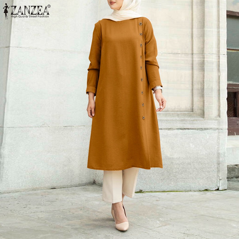 ZANZEA Women Long Sleeve Vintage O Neck Solid Casual Button Cuffs Muslim Blouse