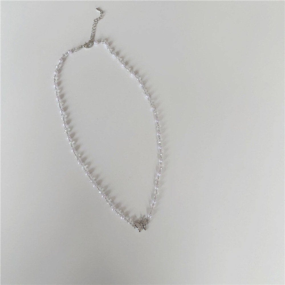 【COD Tangding】Crystal Pearl Butterfly Necklace Clavicle Chain Female Fashion Accessories Jewelry