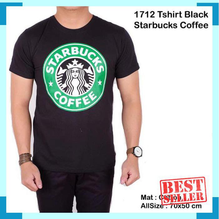 Termurah Kaos Hitam polos motif starbucks / baju kaos pria lengan pendek slim