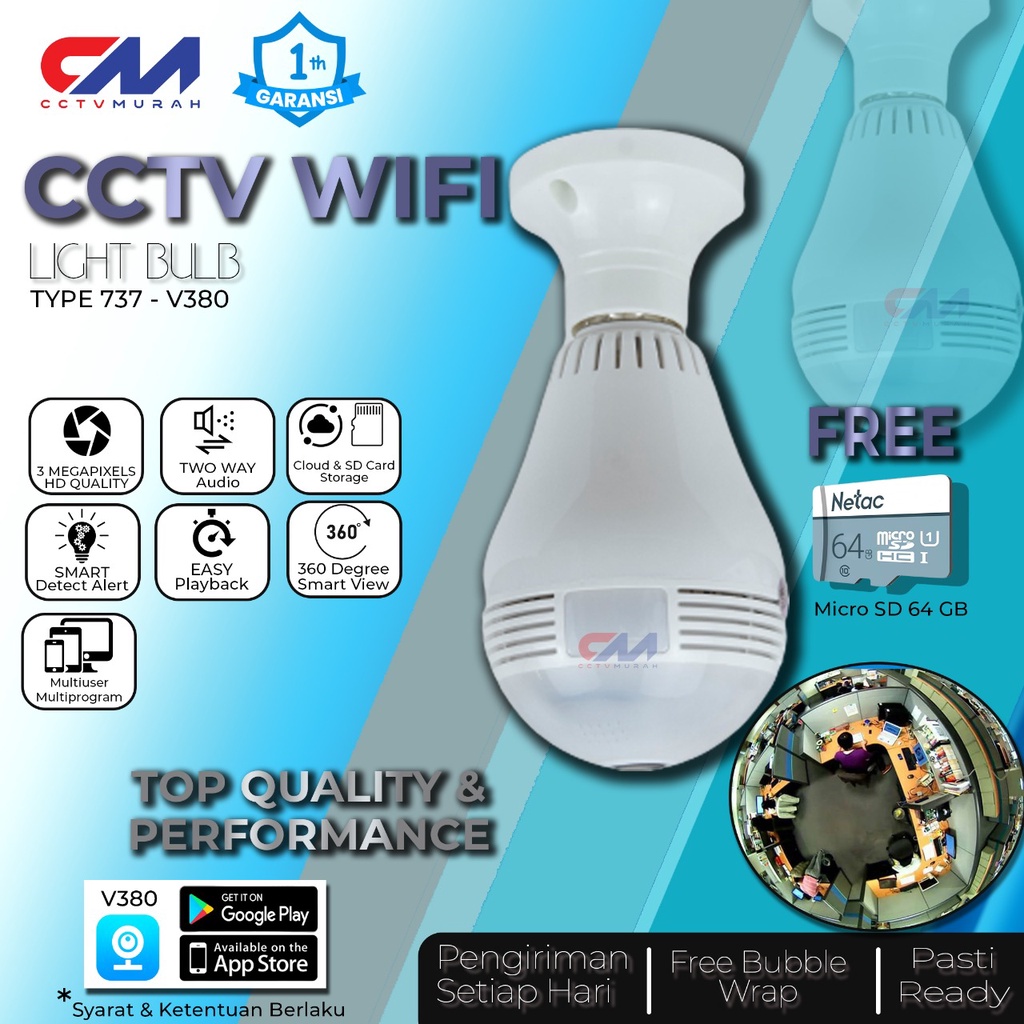 CCTV BOHLAM 2MP APLIKASI V380/V380 PRO KAMERA CCTV LAMPU IP WIRELESS PANORAMA FISHEYE 360 BERPOSTEL FREE MICRO SD NETAC