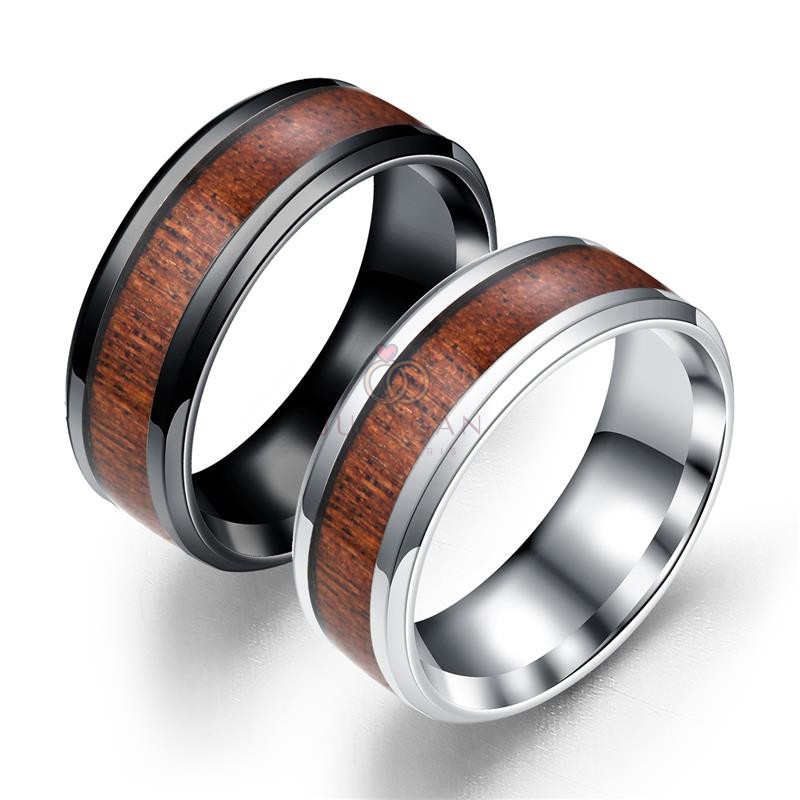 [UKIR NAMA] Cincin Titanium Pria Black/Silver Wood Ring BONUS Gelang