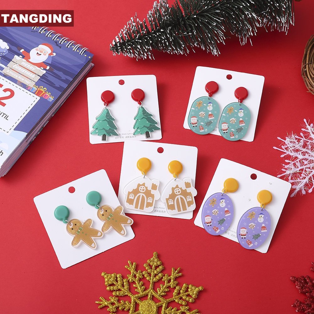 【COD Tangding】Anting Desain Sarung Tangan Rumah Jahe Manusia Salju Pohon Natal Bahan Akrilik Bening