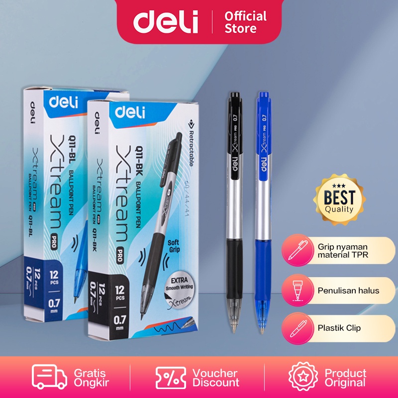 

Deli Ballpoint Pen / Bolpoin Pulpen 0.7mm Tinta Hitam & Biru Isi 12 pcs Penulisan Halus Pegangan Nyaman EQ11
