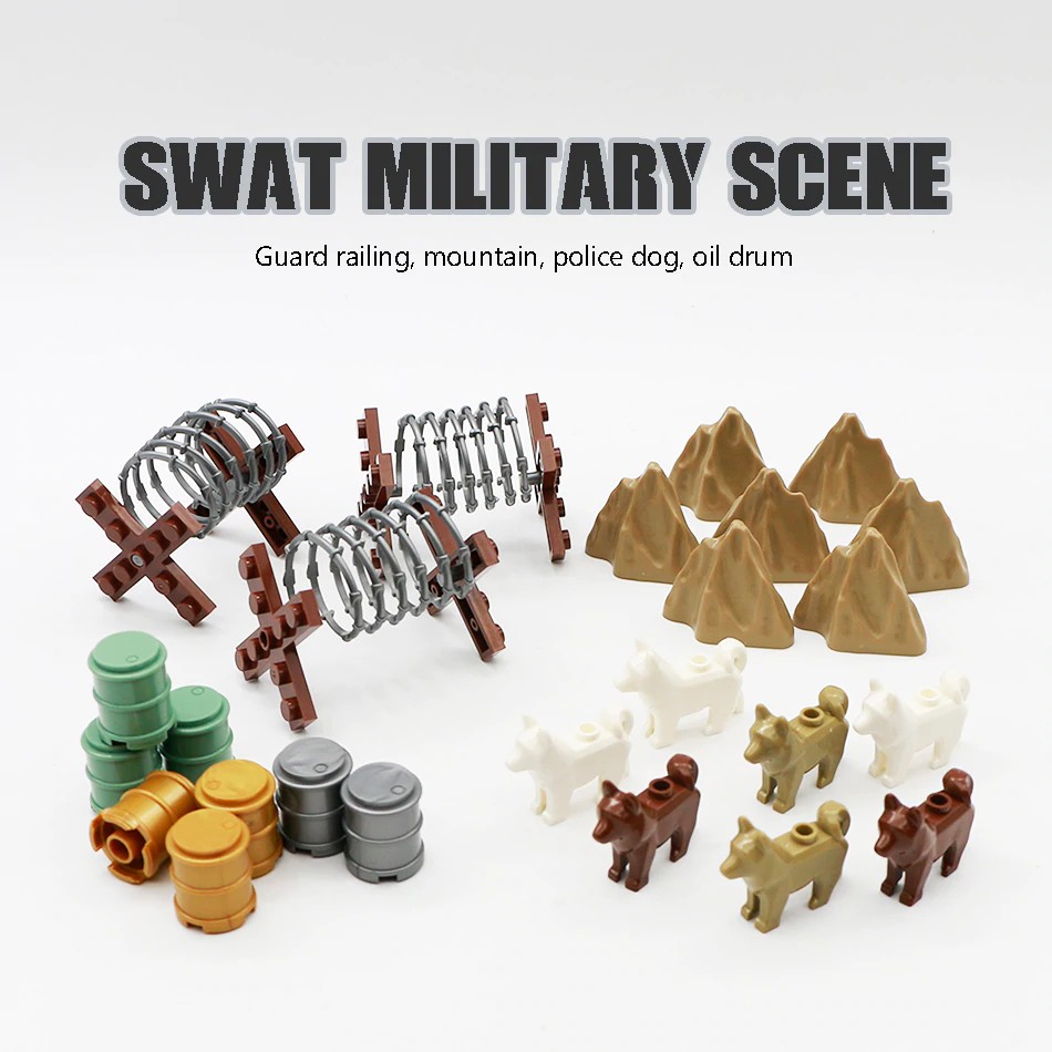 Mainan Lego WW2 Military Fence Building Blocks Wall City Police Dog Hill Iron Fence Oil Drum Army