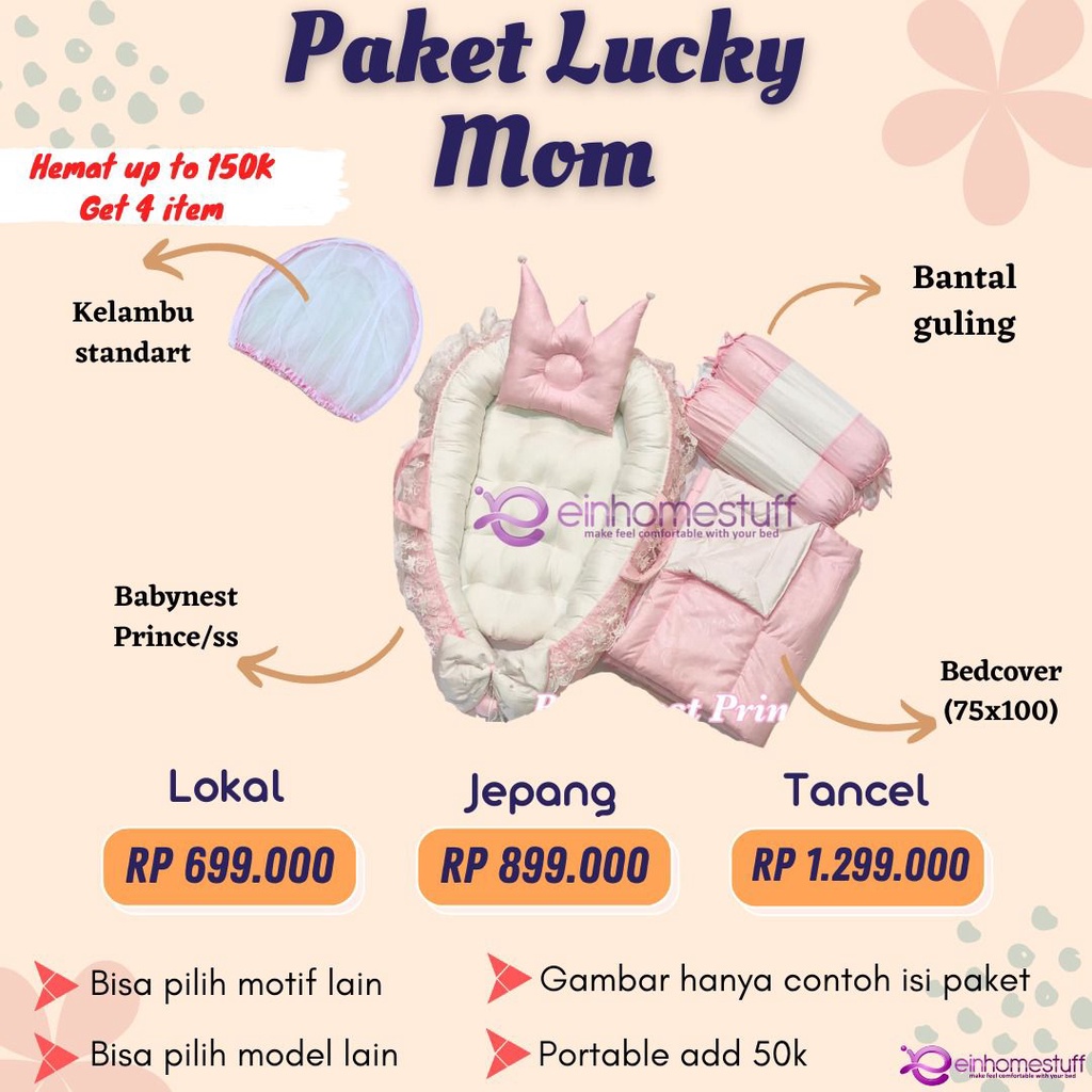Einhomestuff Paket Lucky Mom Babynest Princess Set Bedcover Kelambu