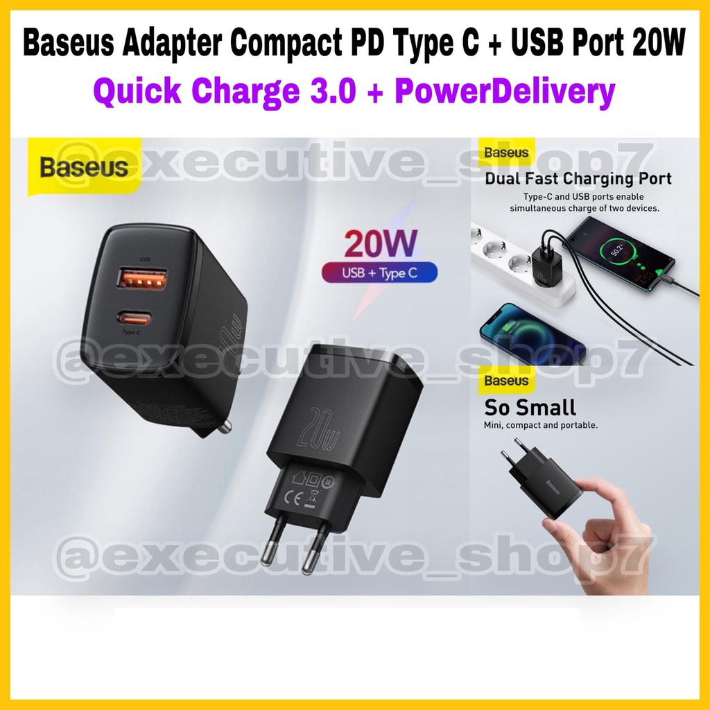 Baseus Adapter Compact PD Type C + USB port 20W - Quick Charge 3.0 + PowerDelivery