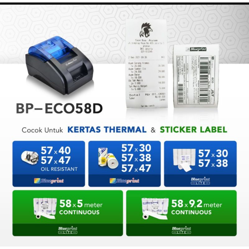 Printer Bluetooth thermal kasir ECO 58D Blueprint ( USB + BT + RJ11 ) free bubble dan dus garansi 1tahun