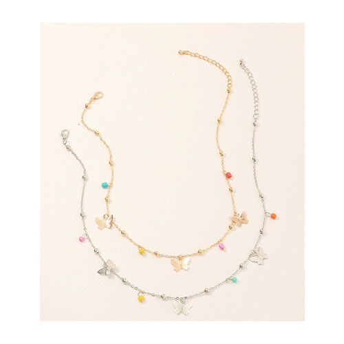 LRC Perhiasan Set Fashion Color Mixing Rice Bead Pendant Small Butterfly Alloy Necklace Set K37037