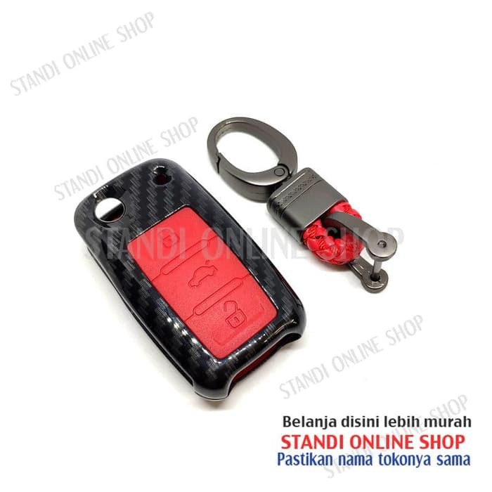 Cover Flip Key Sarung Kunci VW Polo Golf Tiguan Carbon Merah