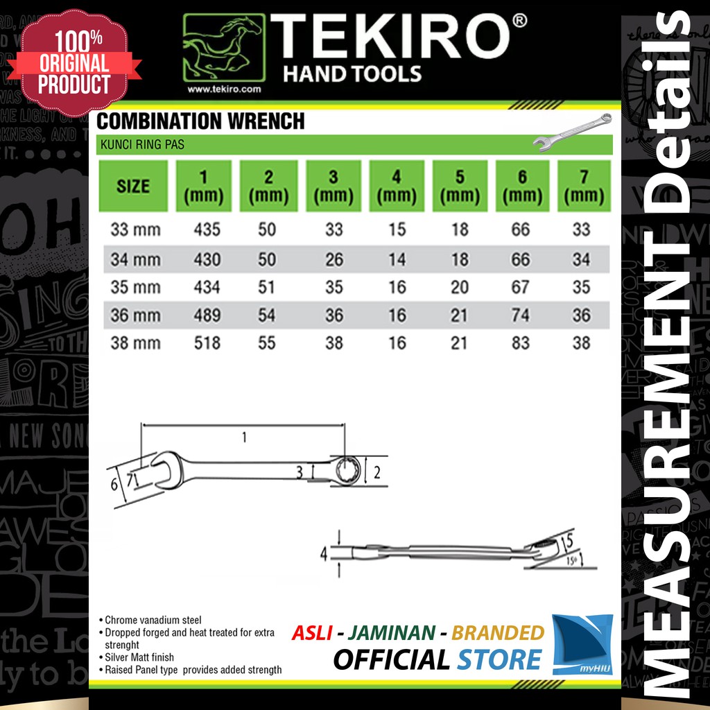 Kunci Ring Pas Ukuran Metric ( mm ) / Combination Wrench / Spanner 33 mm ~ 38 mm TEKIRO