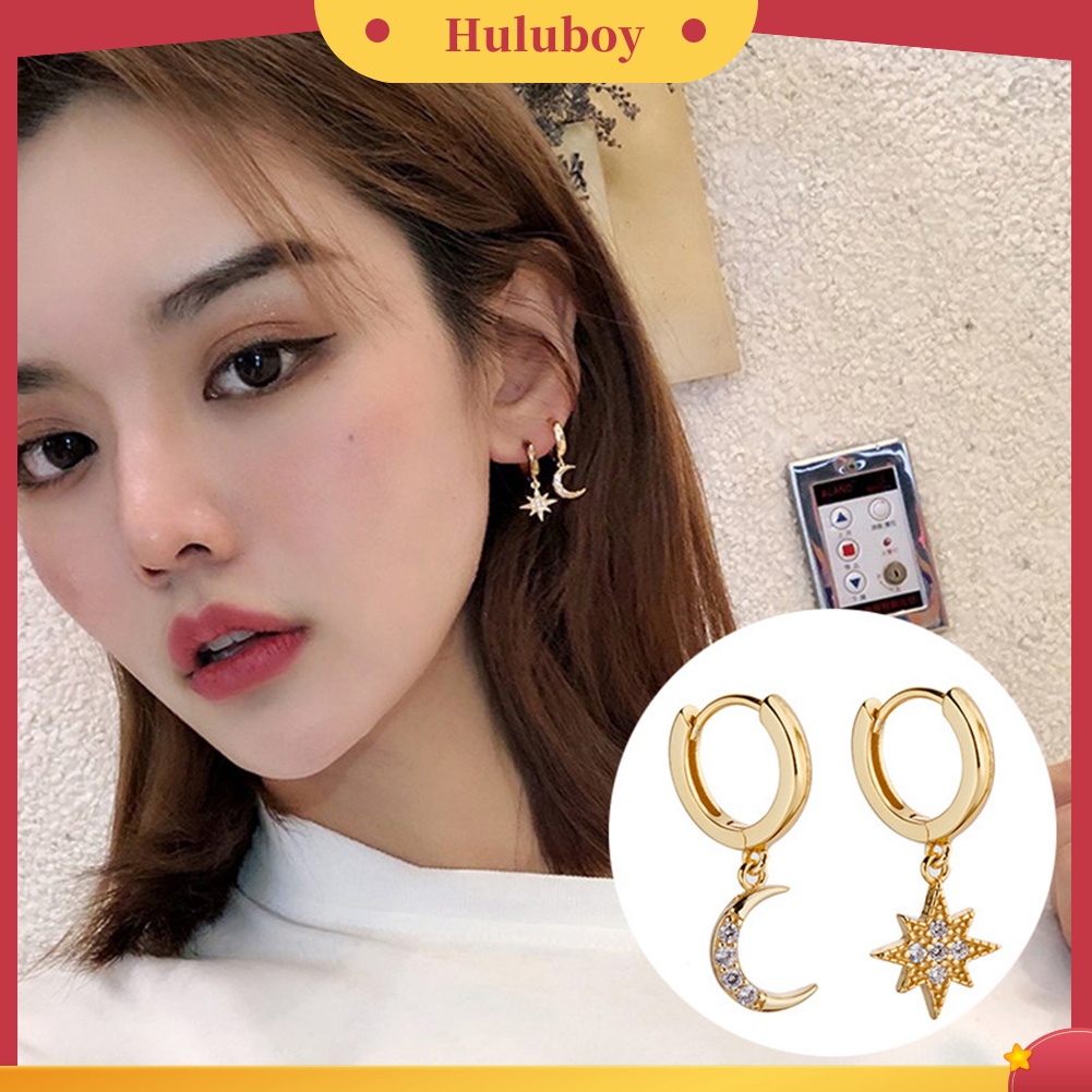 Hu Hu Hu Hu Hu Alat Bantu Pasang Kacamata♡ Anting Tusuk Gantung Wanita Asimetris Desain Bulan Bintang Hias Cubic Zirconia Untuk Hadiah