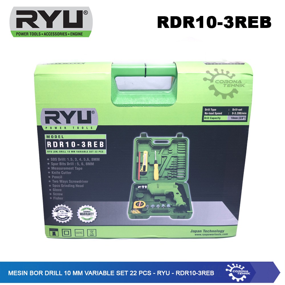 RDR10-3REB - Ryu - Mesin Bor Drill 10 mm Variable Set 22 Pcs