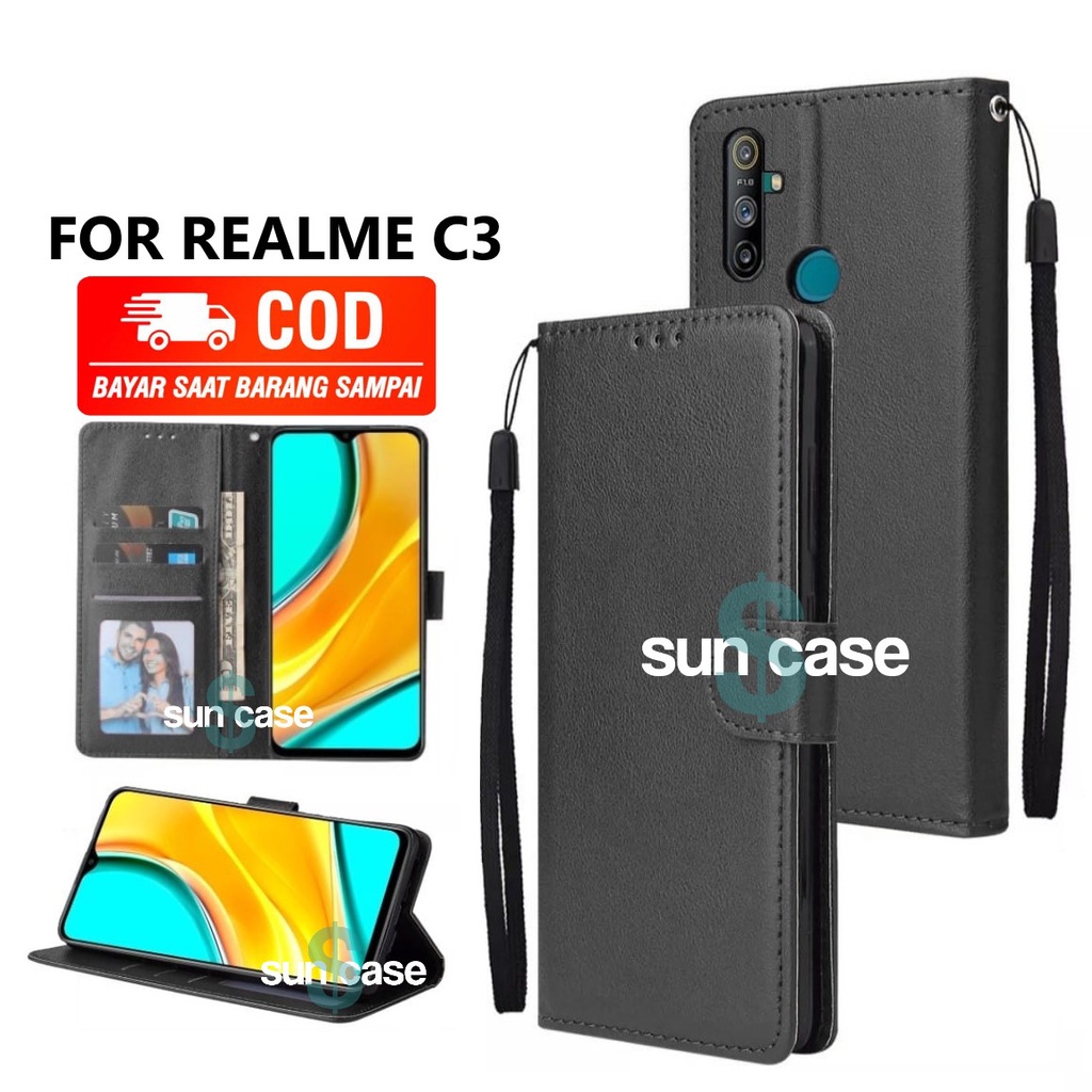 Casing REALME C3 model flip buka tutup case kulit ada tempat foto dan kartu juga tali hp flip cover
