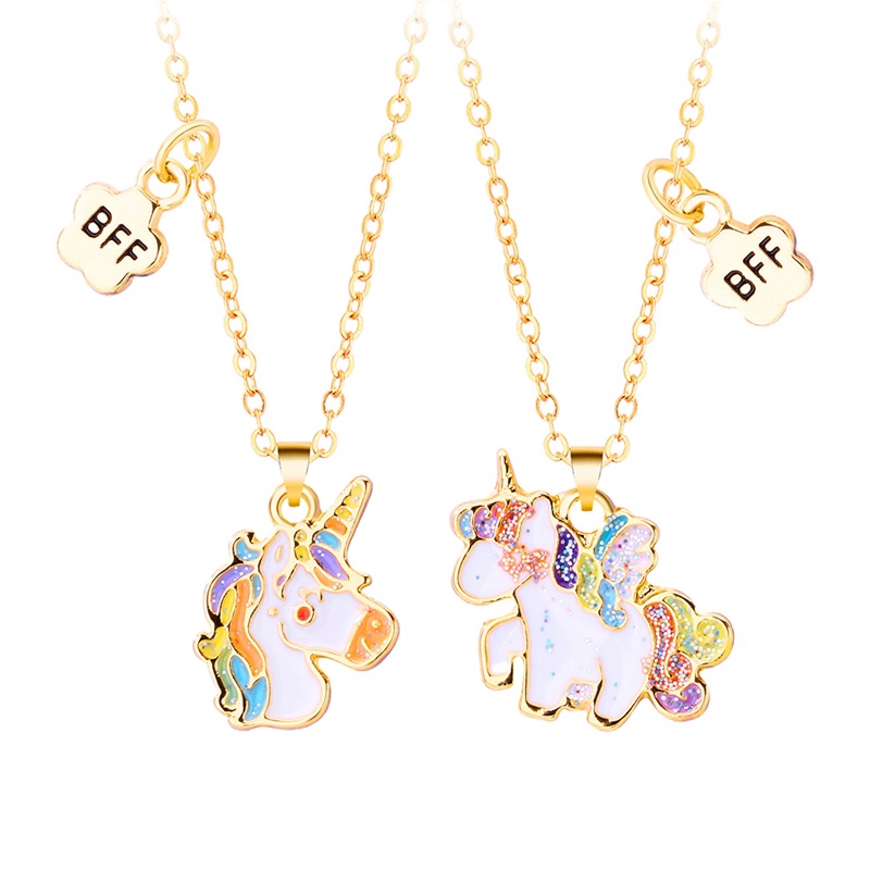 2pcs / Set Kalung Rantai Liontin Unicorn Lucu Untuk Wanita