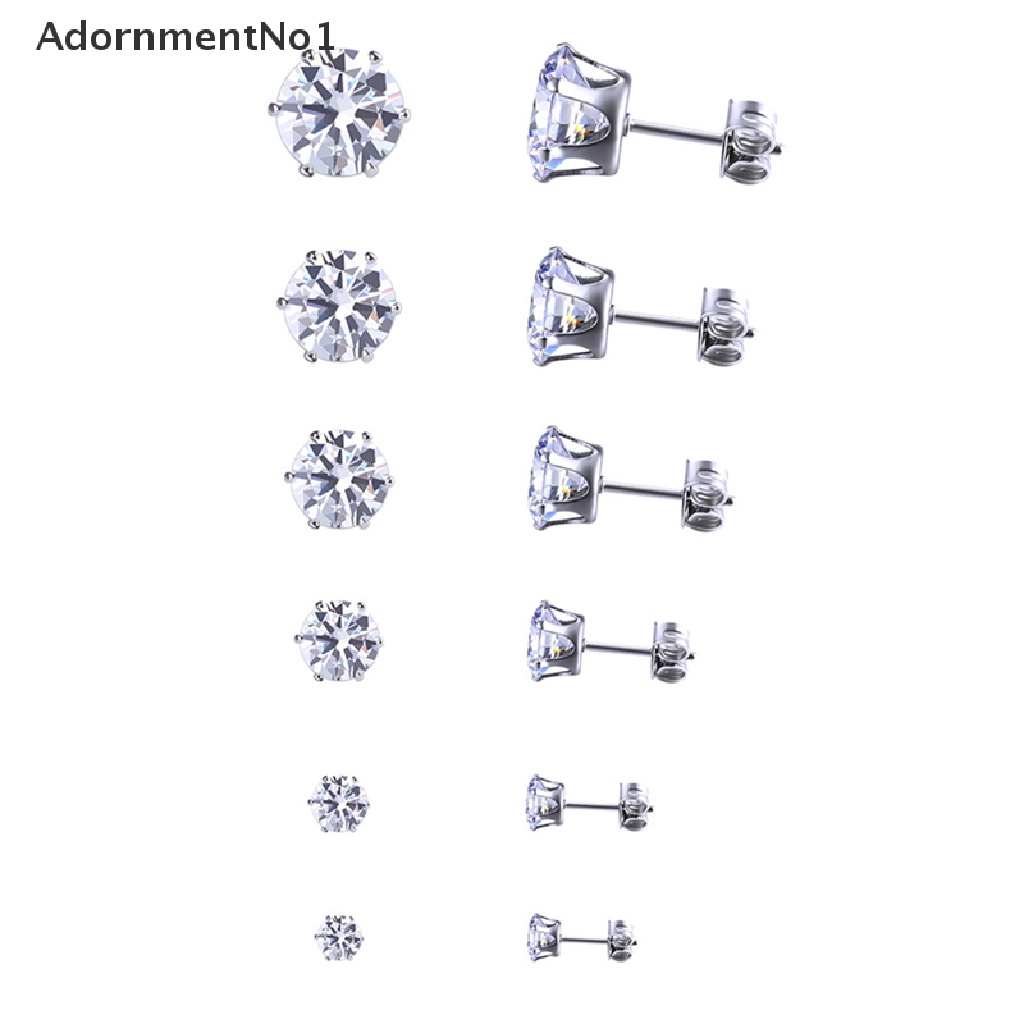 (AdornmentNo1) 6 Pasang Anting Tusuk Bulat Bahan Stainless Steel Hias Cubic Zirconia 3mm - 8mm Untuk Wanita