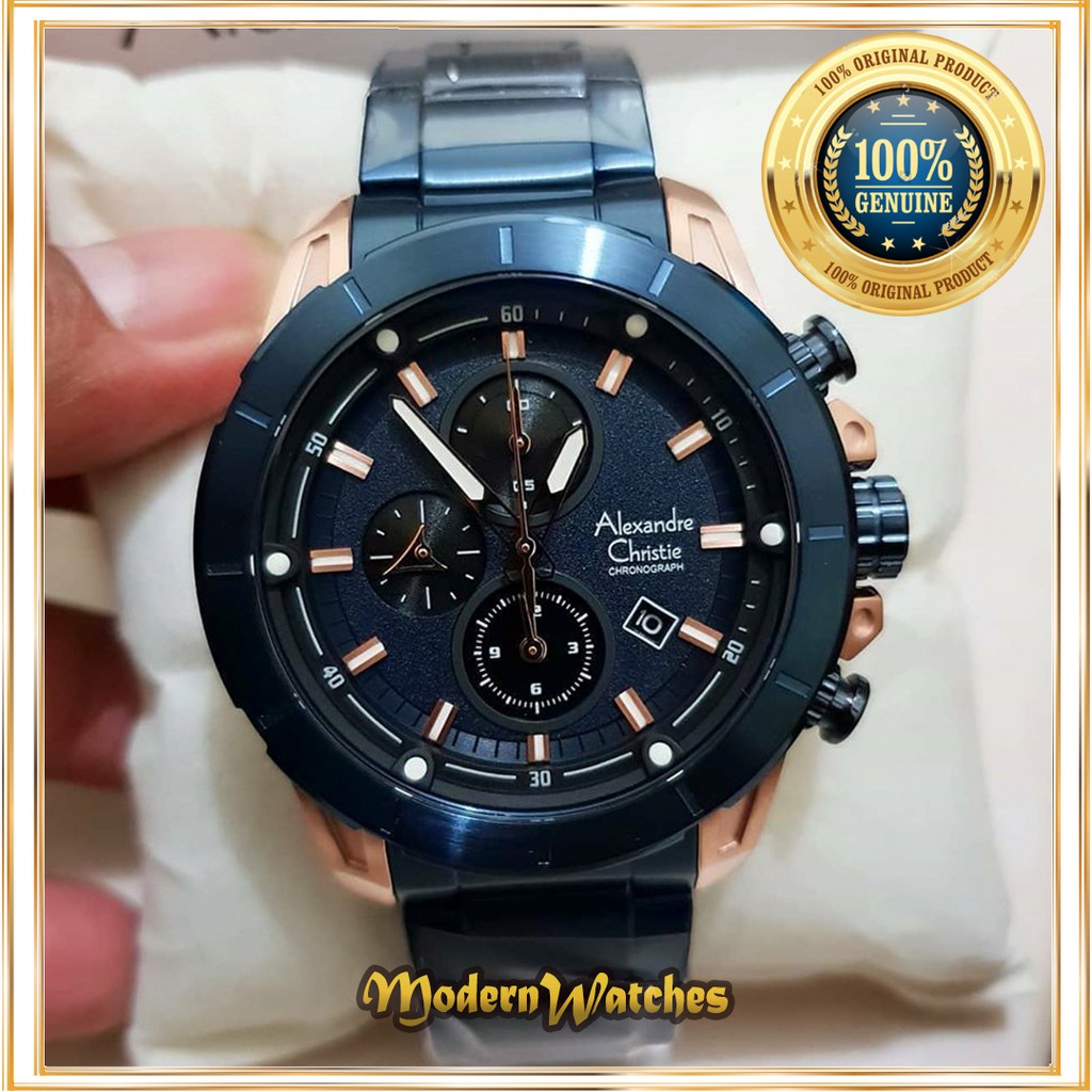 Jam Tangan Ori Pria Terbaru Alexandre Christie AC 6522 Biru Rosegold Blue Sport Alexander Rantai