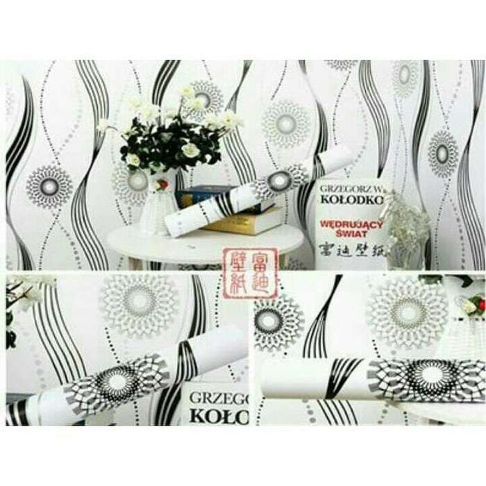 wallpaper sticker motif bunga ring hitam putih 45cmx10m