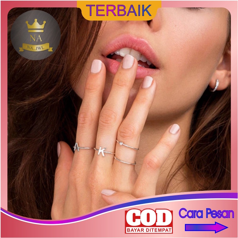 Cincin huruf titanium anti karat custom lapis emas aksesoris fashion wanita korea couple putih perak