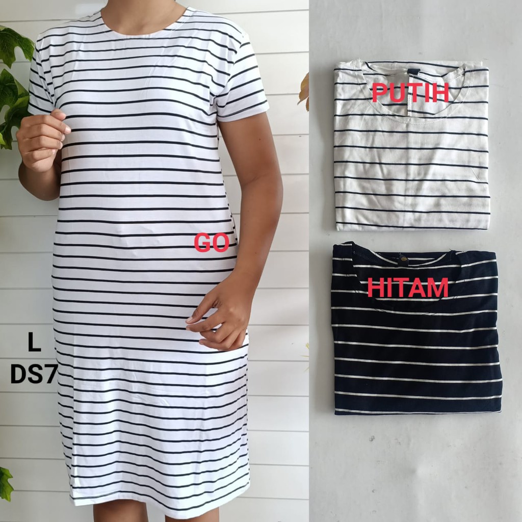 gof DS LMN DRESS/DASTER Wanita Casual Motif Salur Hitam Putih Pakaian Perempuan Lengan Pendek