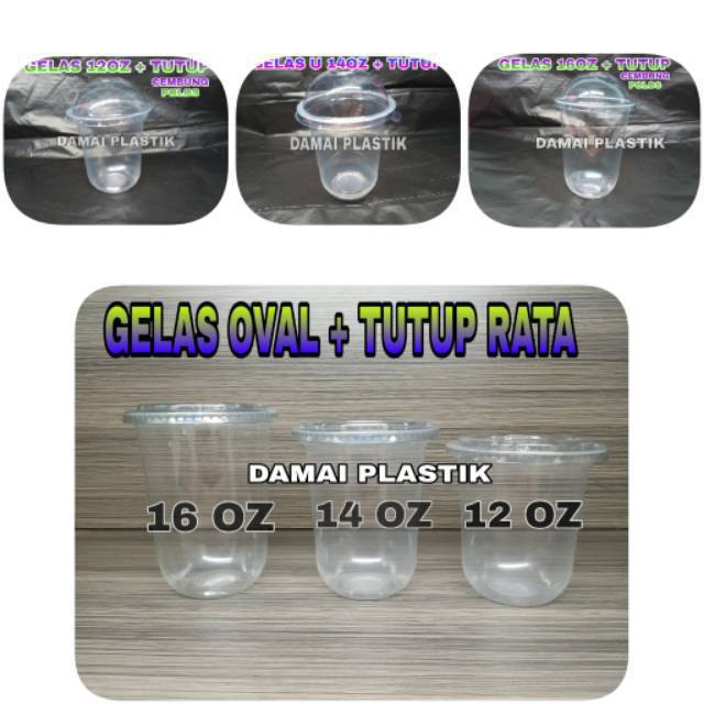 Gelas Oval + Tutup Cembung 16oz 14oz 12oz Cup U + Lid  Cup 16 oz 14 oz 12 oz Gelas Plastik Sedotan