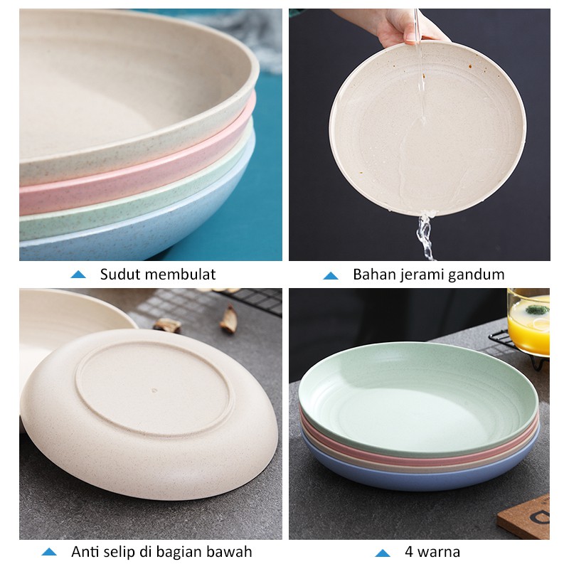 Piring Makan Isi 4 Saji Serbaguna Diameter 23 dan 25 cm Warna Pastel Bahan Wheat Straw Bulat Plate-2
