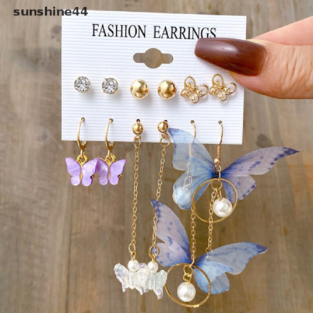 Sunshine 6 Pasang / Set Anting Tusuk Bentuk Kupu-Kupu Emas Gaya Korea Untuk Wanita