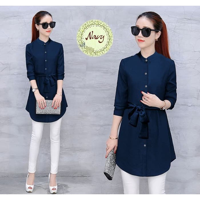 KEMEJA WANITA KULIAH PUTIH PINK BORDIR KATUN KOREA JEPANG KERJ  LONGHEM JANIE NAVY [BAJU ATASA