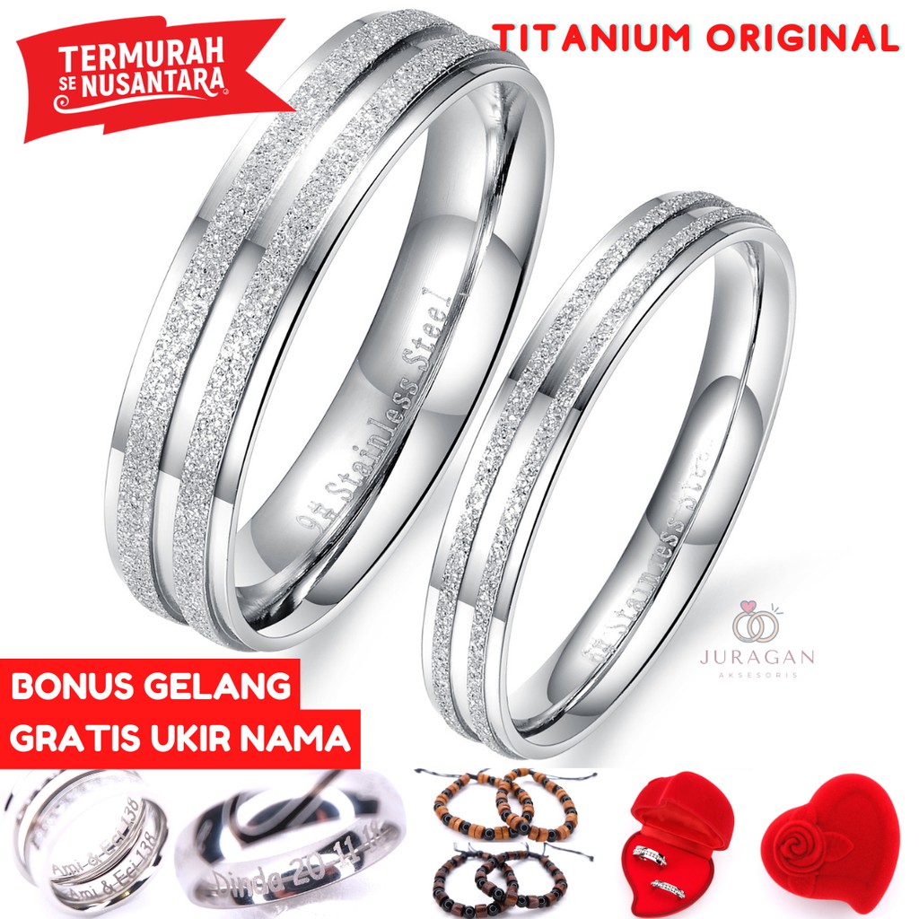 AILOVIU Cincin Couple Romantis R36 Titanium Ukir Nama Silver Perak Emas Putih Unik Pria Wanita Tunangan Paladium Stainless Steel