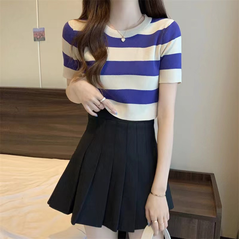 Yoona Crop Knit Top - Top Stripes Colour Knit Import TM ((A482-1)
