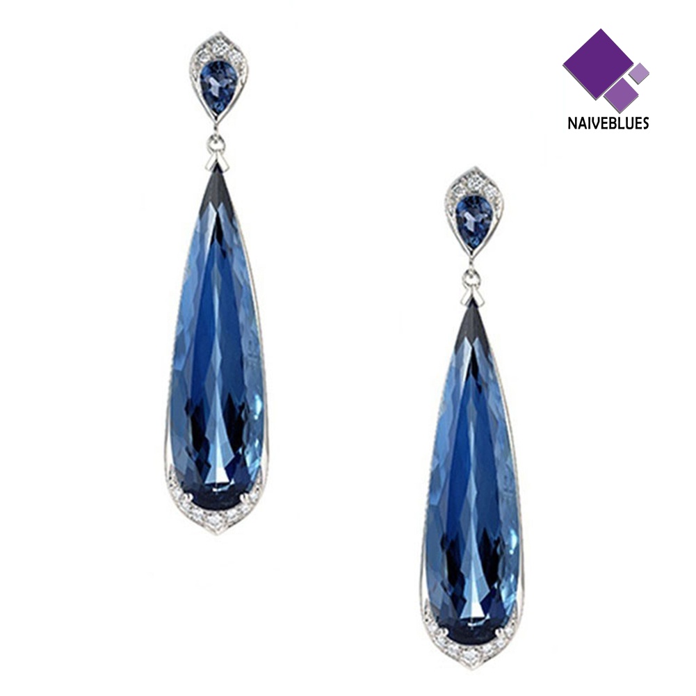 Anting Juntai Bentuk Water Drop Aksen Sapphire Gaya Elegan Untuk Wanita