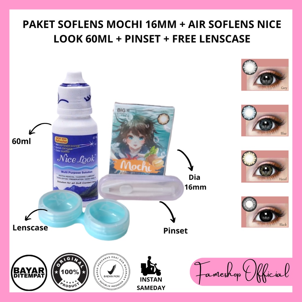 PAKET SOFTLENS MOCHI DIA 16MM NORMAL &amp; MINUS + CAIRAN NICE LOOK 60ML + PINSET + LENSCASE / COD INSTAN SAMEDAY / LENSA KONTAK / PAKET MURAH