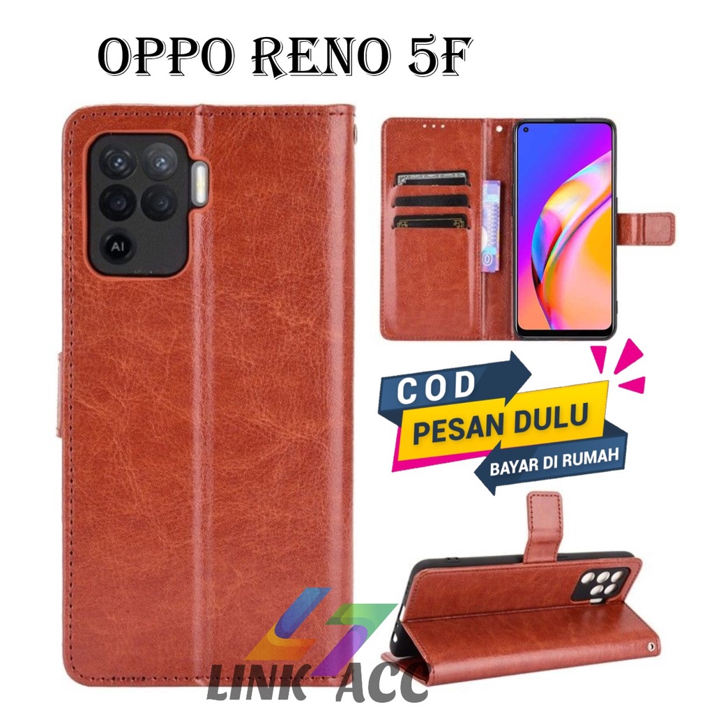 OPPO RENO 5F LEATHER CASE PREMIUM-FLIP WALLET CASE KULIT UNTUK OPPO RENO 5F - CASING DOMPET HP