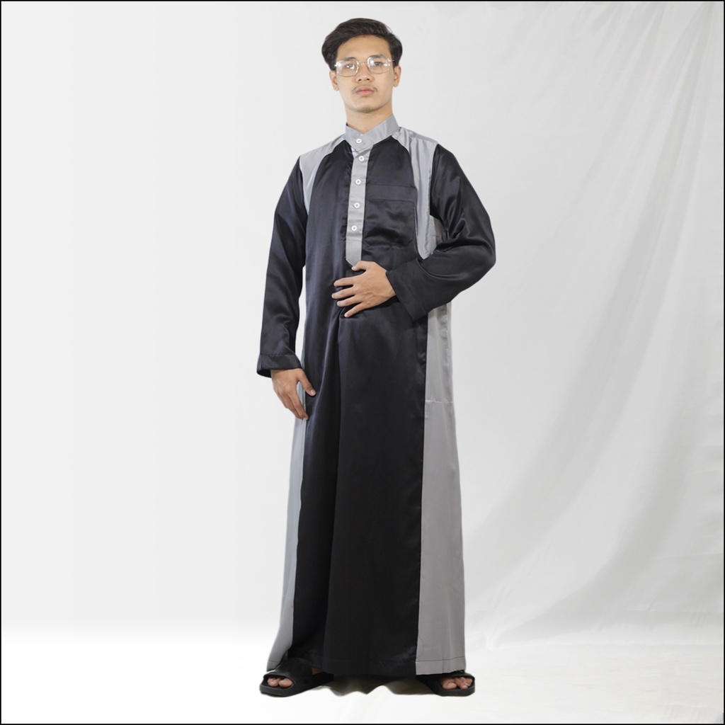 Gamis Pria Jubah Gamis Laki Laki seri Velvet Kombinasi Gamis Modern Gaya Casual Remaja dan Dewasa-Hitam Abu