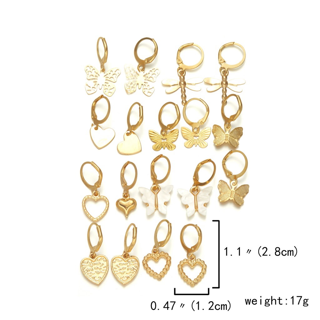 Butterfly Set Anting Tusuk + Kalung Rantai Desain Kupu-Kupu / Capung / Hati Hollow Hias Mutiara + Berlian Untuk Wanita