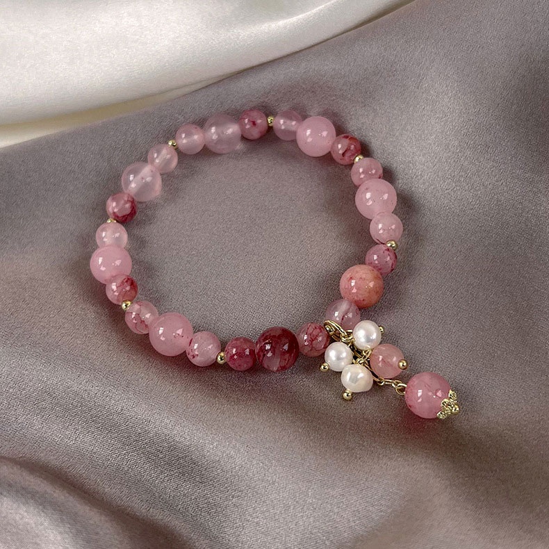 XiaoboACC Gelang Kristal Mutiara Strawberry Elastis Gaya Korea Untuk Wanita