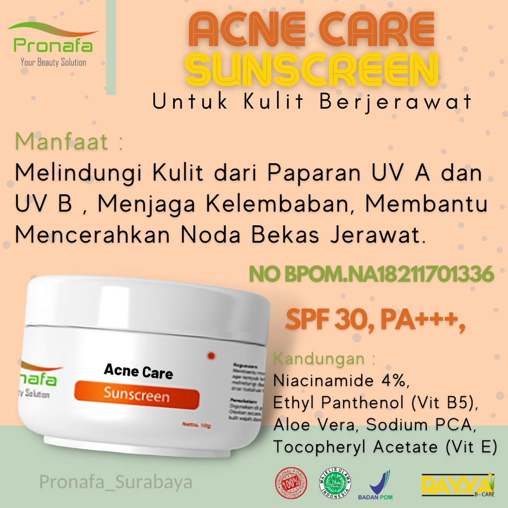Cream Pagi Bekas Jerawat Pelindung wajah BPOM ACNE CARE SUNSCREEN Pronafa Skincare Surabaya Tabir Su